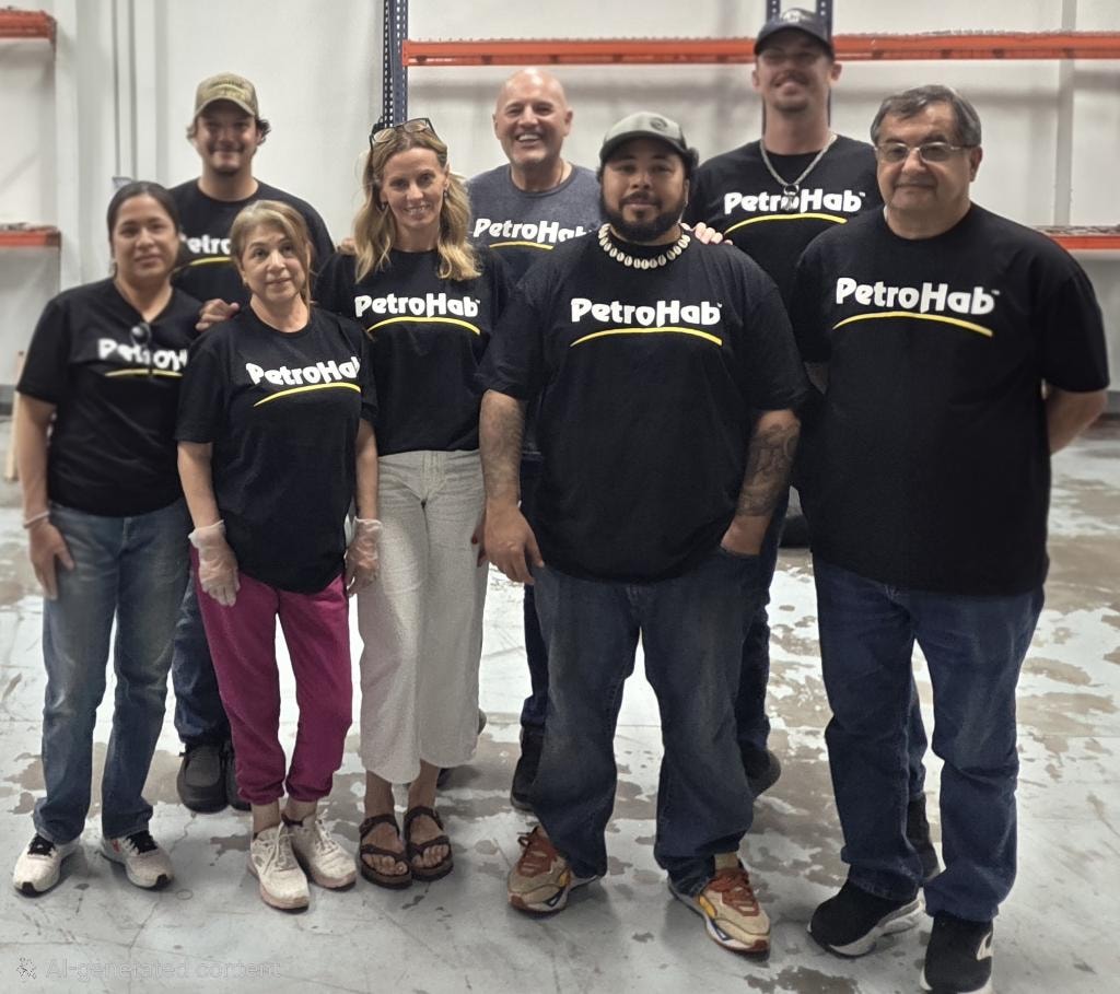 PetroHab team group photo — eight team members in branded black PetroHab shirts inside the warehouse facility